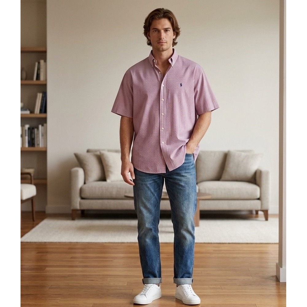Ralph Lauren Blake Shirt Mens‎ L Red Blue Gingham Check Short Sleeve Button Down